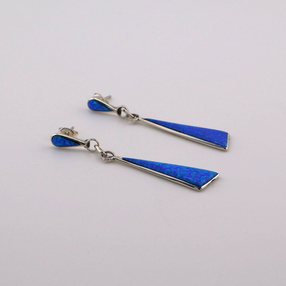 Zuni Offset Triangle‎ Dangle Earrings Sterling Silver Opal Native American** - Picture 5 of 11